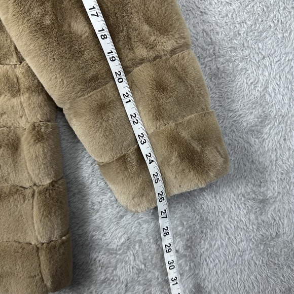 Gallery New York Womens L Hooded Faux Fur Coat Tan Plush Warm Satin Lined Jacket - Picture 14 of 16